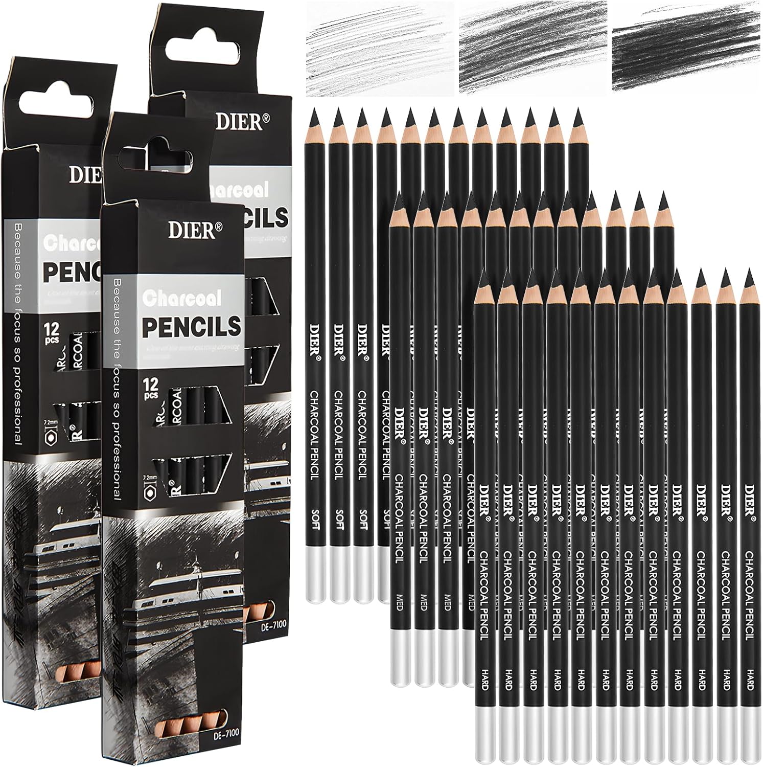Geyoga 36 Pcs Professional Charcoal Pencils Soft, Medium and Hard for Drawing Charcoal Pencils for Sketching Shading Drawing Blending Portrait(Black,Assorted)