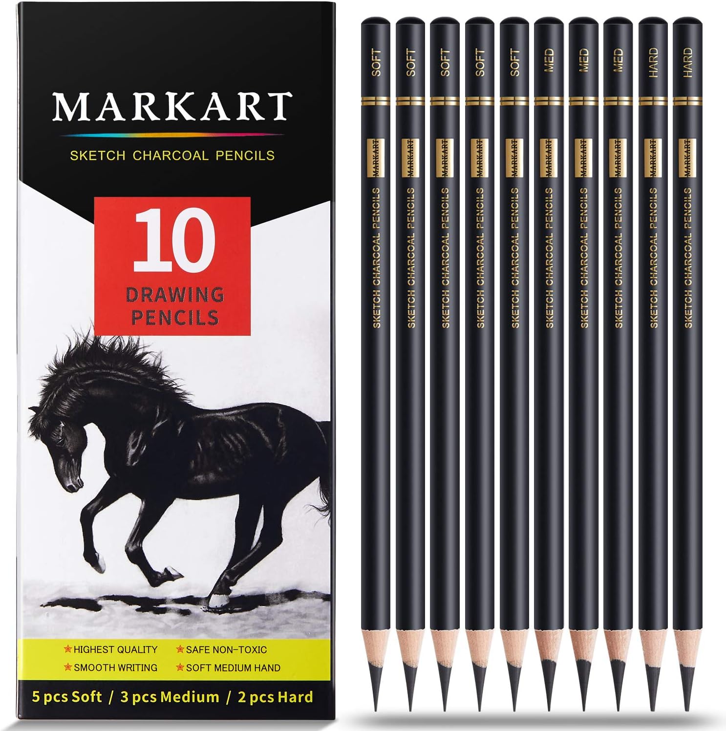 MARKART Professional Charcoal Pencils Drawing Set - 10 Pieces Soft Medium and Hard Charcoal Pencils for Drawing, Sketching, Shading