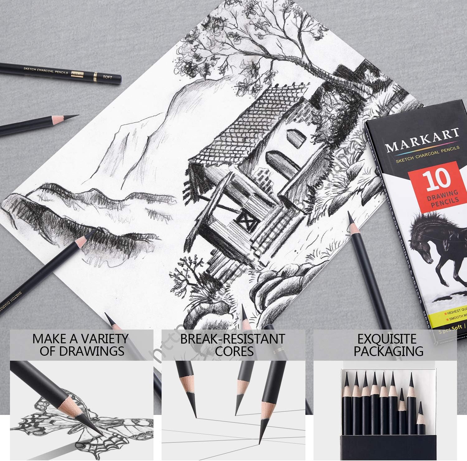 MARKART Professional Charcoal Pencils Drawing Set - 10 Pieces Soft Medium and Hard Charcoal Pencils for Drawing, Sketching, Shading - Image 4